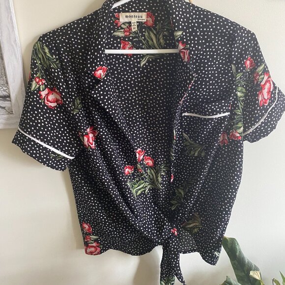 Button-up polka-dot shirt top with flower roses - Picture 4 of 5